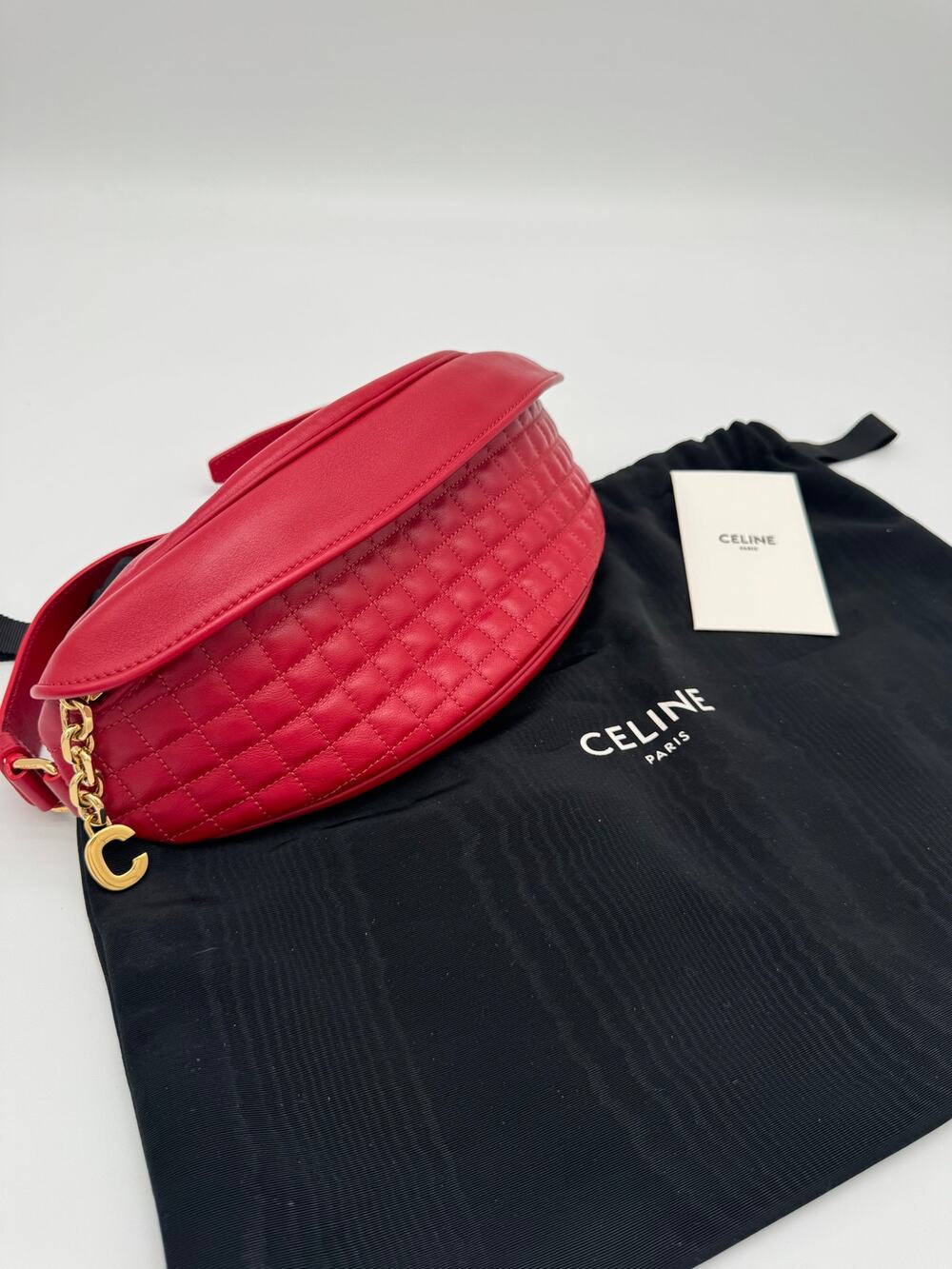 Celine Red Quilted Calfskin C Charm Belt Bag with Dust Bag